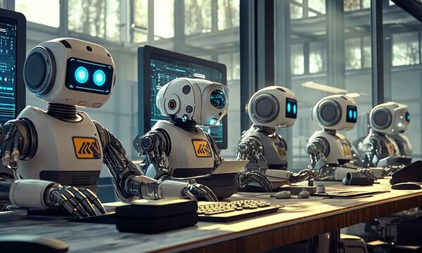 Row of futuristic robots working at computers in a modern office