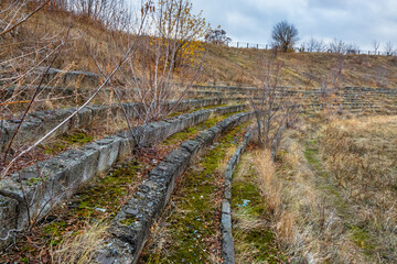 The stands of the old abandoned stadium are overgrown with grass and trees