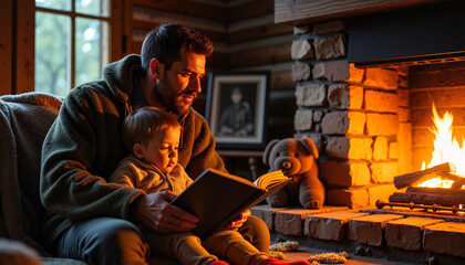 Fototapeta premium Father Reading to Son by Cozy Fireplace in Rustic Cabin