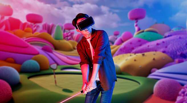 Skilled gamer wearing VR glasses while playing golf at metaverse or golf court with purple sky. Attractive golf player or athlete practicing sport skill while entering in simulated world. Ingenuity.