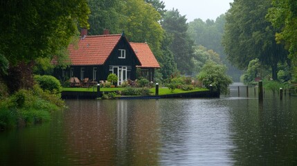 Obraz premium Dark House Rain Canal Lush Green Landscape