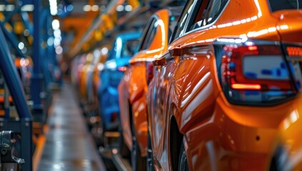 Photo of automobile production line. Modern car assembly plant. Modern and high-tech automotive industry