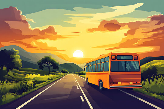 A vibrant sunset scene featuring a bus on a winding road surrounded by mountains.