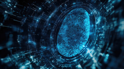 Obraz premium Generative AI image of digital finger print scan in blue glowing lights for forensic data and personal identification on black background while useful in biometrics 