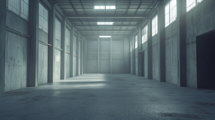 Obraz premium 3D rendering of an empty warehouse, suitable for storage or industrial development mockups.