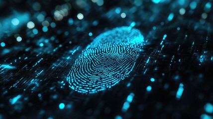 Generative AI image of digital finger print scan in blue glowing lights for forensic data and personal identification on black background while useful in biometrics 