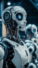 Fototapeta premium The Rise of AI: A close-up of a humanoid robot with glowing blue eyes, its advanced technology and sleek design hinting at a future where machines play a larger role in our lives. 