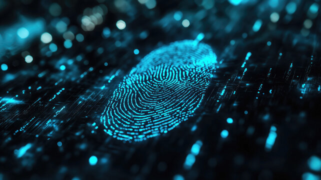 Generative AI image of digital finger print scan in blue glowing lights for forensic data and personal identification on black background while useful in biometrics 