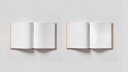 Two blank open books on white background for design or writing