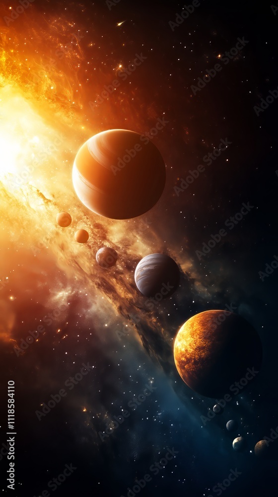 Wall mural cosmic alignment: planets dance in a fiery cosmic ballet, their orbits aligned in a breathtaking dis
