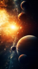 Naklejka premium Cosmic Symphony: An awe-inspiring celestial spectacle unfolds in the vast expanse of space, featuring a fiery star and a majestic array of planets orbiting within a swirling nebula.
