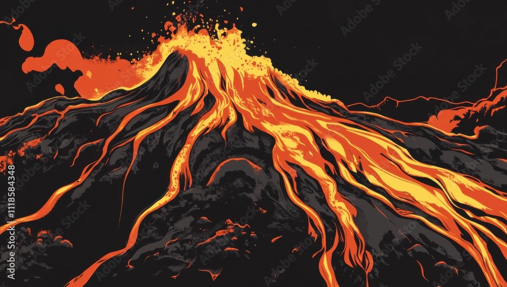 Poster vector illustration of an erupting volcano, with lava flowing down the mountain in a vector style. t