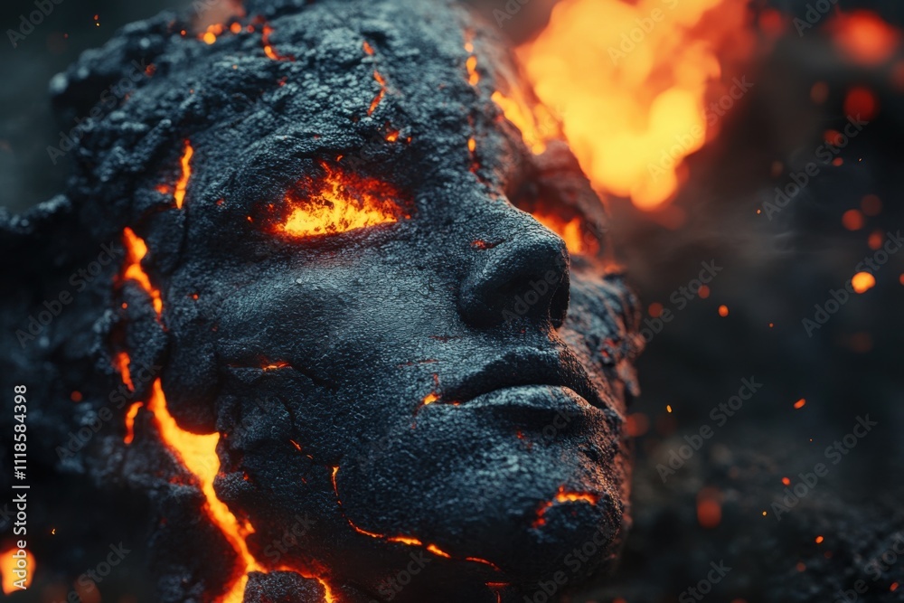 Poster Close-up of an ancient stone statue head covered in lava. The lava is burning around the face and covering it with fire, creating a depth-of-field and bokeh effect.