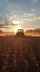 Obraz premium Golden Hour Harvest: Tractor silhouetted against a breathtaking sunset, working a field at harvest time. A powerful image of agriculture and the beauty of nature's cycle. 