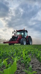 Naklejka premium Red Tractor in Green Field: A powerful red tractor plows through a field of young green crops, a symbol of hard work, dedication, and the cycle of growth in agriculture.