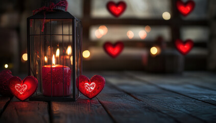 Valentine's Day background with red hearts and a candle, creating a magical atmosphere for romantic messages or branding