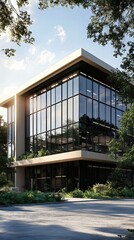 Fototapeta premium Modern Office Building amidst Nature: A sleek, modern office building with expansive glass windows seamlessly blends with the natural surroundings. The building boasts a contemporary design.