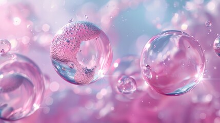3D rendered liquid bubble containing a molecule, in a cosmetic essence, with a DNA water splash background. Captivating and vibrant