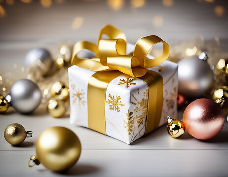 A wrapped gift with a gold ribbon, surrounded by Christmas ornaments