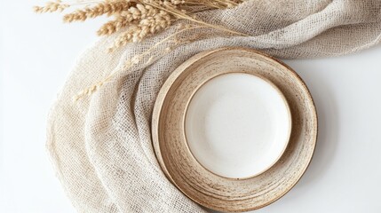 Natural textures and neutral shades come together on a charming table setting featuring a simple, empty plate, surrounded by soft linen and delicate dried flowers, all conveying a peaceful vibe