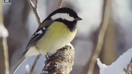 Obraz premium Cute bird perched on snowy branch.