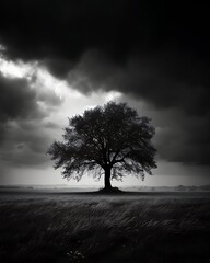 Lone Tree Stands Tall Under Stormy Sky