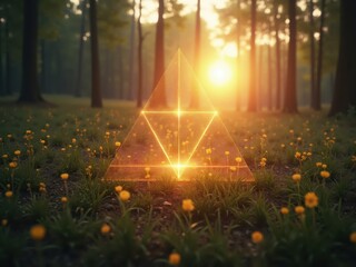 Glowing triforce symbol shining in magical forest at sunset