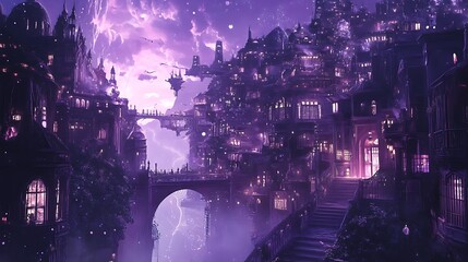A Purple Fantasy City Under a Stormy Sky