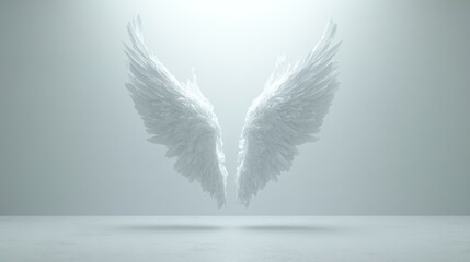 Delicate white wings appear to float in a tranquil space, evoking feelings of peace and liberation