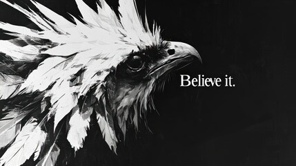 A striking eagle with intricate feather details gazes intensely with an inspiring message nearby