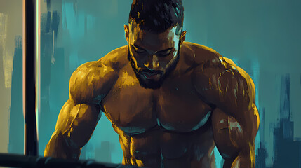 Capture sense of accomplishment and euphoria after completing a challenging workout with sweat glistening and muscles defined. Euphoria. Illustration