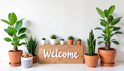 Welcome Sign with Green Plants Decor