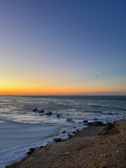 The Ice waves on the shore of Caspian Sea at the sunrise or sunset. Aktau, Kazakhstan.
