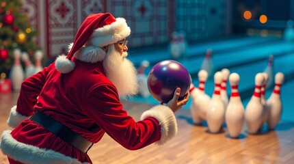 A man dressed as Santa Claus holding a bowling ball in a bowling alley