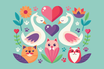 cute and colorful animal and floral design with swans and cats. eps 10