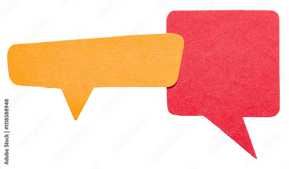 Poster Orange red blank cut out cardboard paper speech bubbles with rough edges and copy space for text on transparent png background design element
