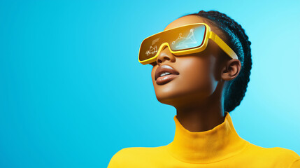 Minimalist portrait of a young woman in yellow vr glasses engaging with a holographic cloud interface against a blue backdrop