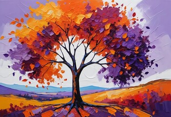 Oil painting landscape, colorful abstract tree. Hand Painted Impressionist.