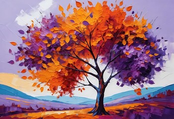 Oil painting landscape, colorful abstract tree. Hand Painted Impressionist.