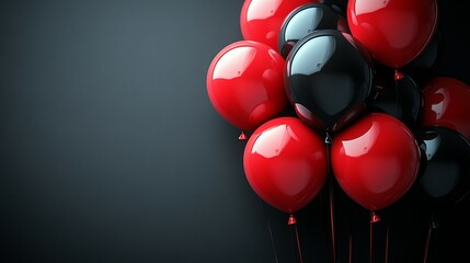a black background adorned with red and black balloons on one side, providing a blank space for text related to Black Friday advertisements and shopping deals.