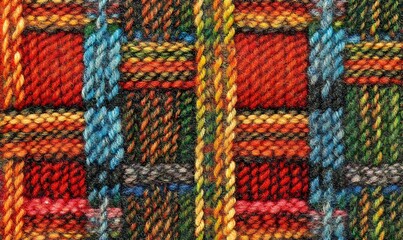 Colorful woven textile close-up, intricate plaid pattern.