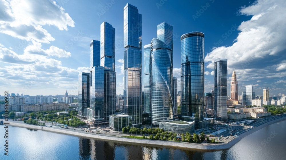 Poster high above a thriving metropolis, shiny skyscrapers glimmer with reflections in serene waters below.