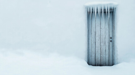 Serene winter scene with a snow-covered wooden door and icicles hanging from the roof
