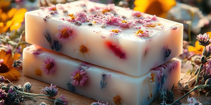 Handmade floral soap bars displayed amidst colorful wildflowers in a bright and natural setting during daylight hours