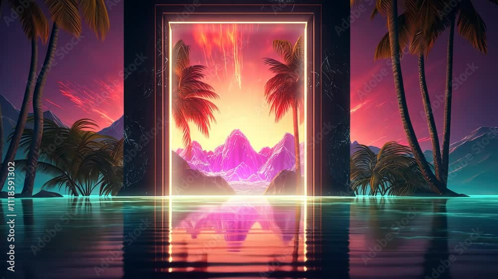 Poster mysterious door or portal with neon light in the jungle in synthwave style