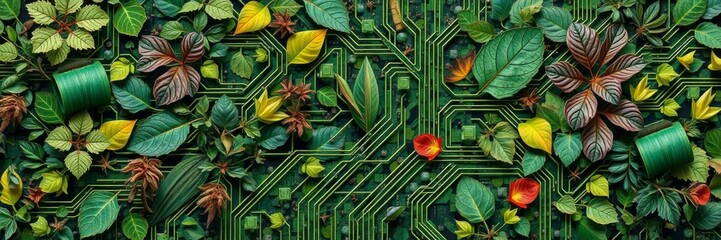 Fototapeta premium An abstract collage of lush green foliage intertwined with circuit board patterns, collage, blend, artistic