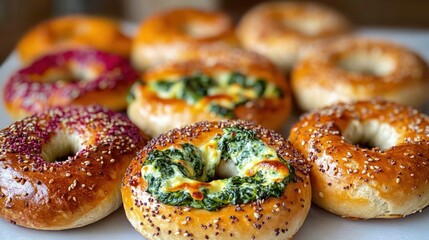 A vibrant selection of uniquely topped bagels showcases culinary creativity in a welcoming bakery