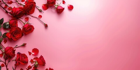 Romantic Valentine's Day background with hearts and pink and red roses on a soft pink gradient, conveying love and affection