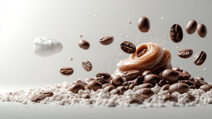 Coffee beans swirl around rich caramel, creating a captivating and enticing display