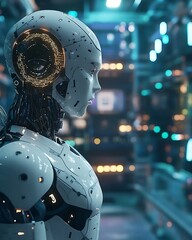 Advanced Robotic Figure Stands In Futuristic Setting